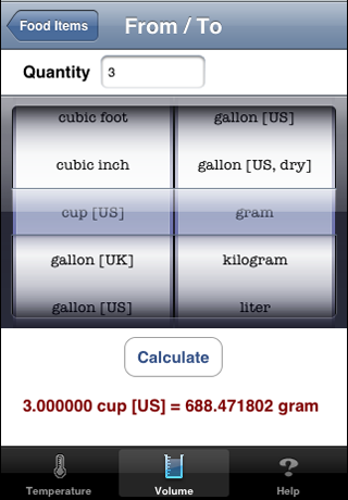 ing-2 CookieCal temps CookieCal, a tool for cooks to convert temperature (Celsius, Fahrenheit, Kelvin, gas marks), convert volume to weight. iOS application (iPhone, iPad) by mobile developer RookSoft Pte Ltd of Singapore