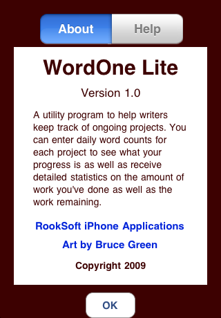about-help WordOne Lite iPhone Application, Writing Project Progress Tracker by RookSoft Pte Ltd of Singapore
