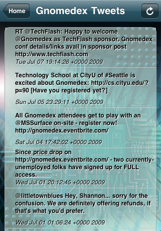 twitter screen, Gnomedex 9.0 iPhone application by mobile developer RookSoft Pte Ltd of Singapore