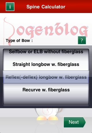 SpineCalc iPhone application, bow & arrow calculator, bow type iOS (iPad, iPhone) application by mobile developer RookSoft Pte Ltd of Singapore