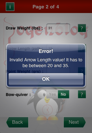 SpineCalc iPhone application, bow & arrow calculator, invalid arrow length SpineCalc iPhone application, bow & arrow calculator, bow type iOS (iPad, iPhone) application by mobile developer RookSoft Pte Ltd of Singapore
