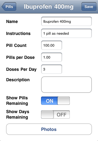 Pillminder - iOs application to help you track your medications - add and modify pill, detailed screen