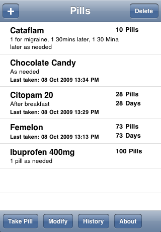 Pillminder - iOs application to help you track your medications - pills screen