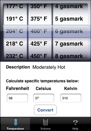 temps CookieCal, a tool for cooks to convert temperature (Celsius, Fahrenheit, Kelvin, gas marks), convert volume to weight. iOS application (iPhone, iPad) by mobile developer RookSoft Pte Ltd of Singapore