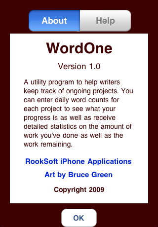 about-help WordOne iPhone Application, Writing Project Progress Tracker by RookSoft Pte Ltd of Singapore